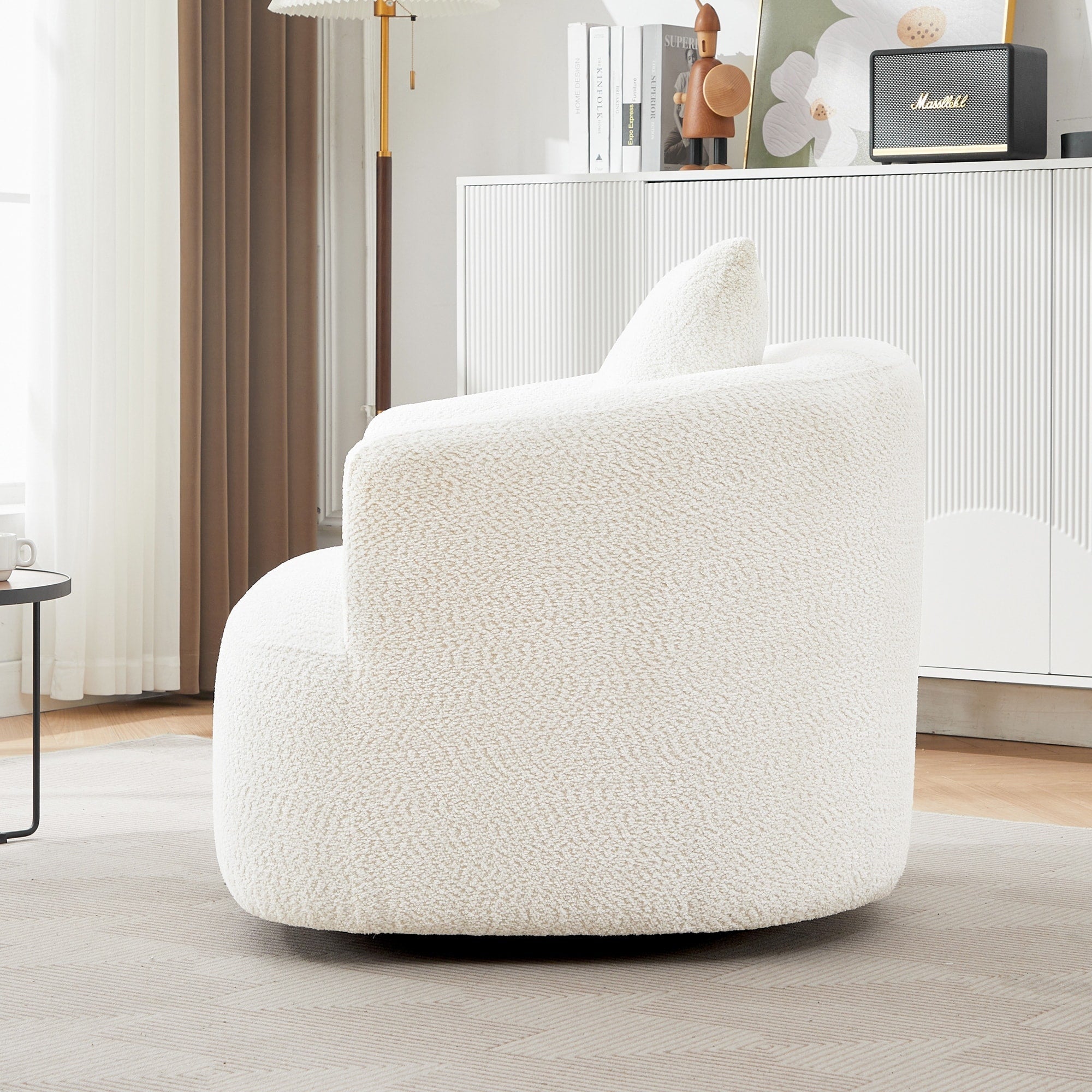 360¡ã Swivel Chair, 38.2 Boucle Accent Chair with Throw Pillow, Upholstered Barrel Sofa Chair with Curved Armrests