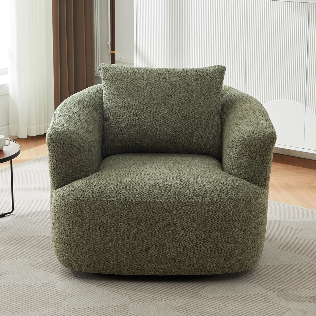 360¡ã Swivel Chair, 38.2 Boucle Accent Chair with Throw Pillow, Upholstered Barrel Sofa Chair with Curved Armrests