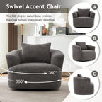 360¡ã Swivel Chair, 38.2 Boucle Accent Chair with Throw Pillow, Upholstered Barrel Sofa Chair with Curved Armrests