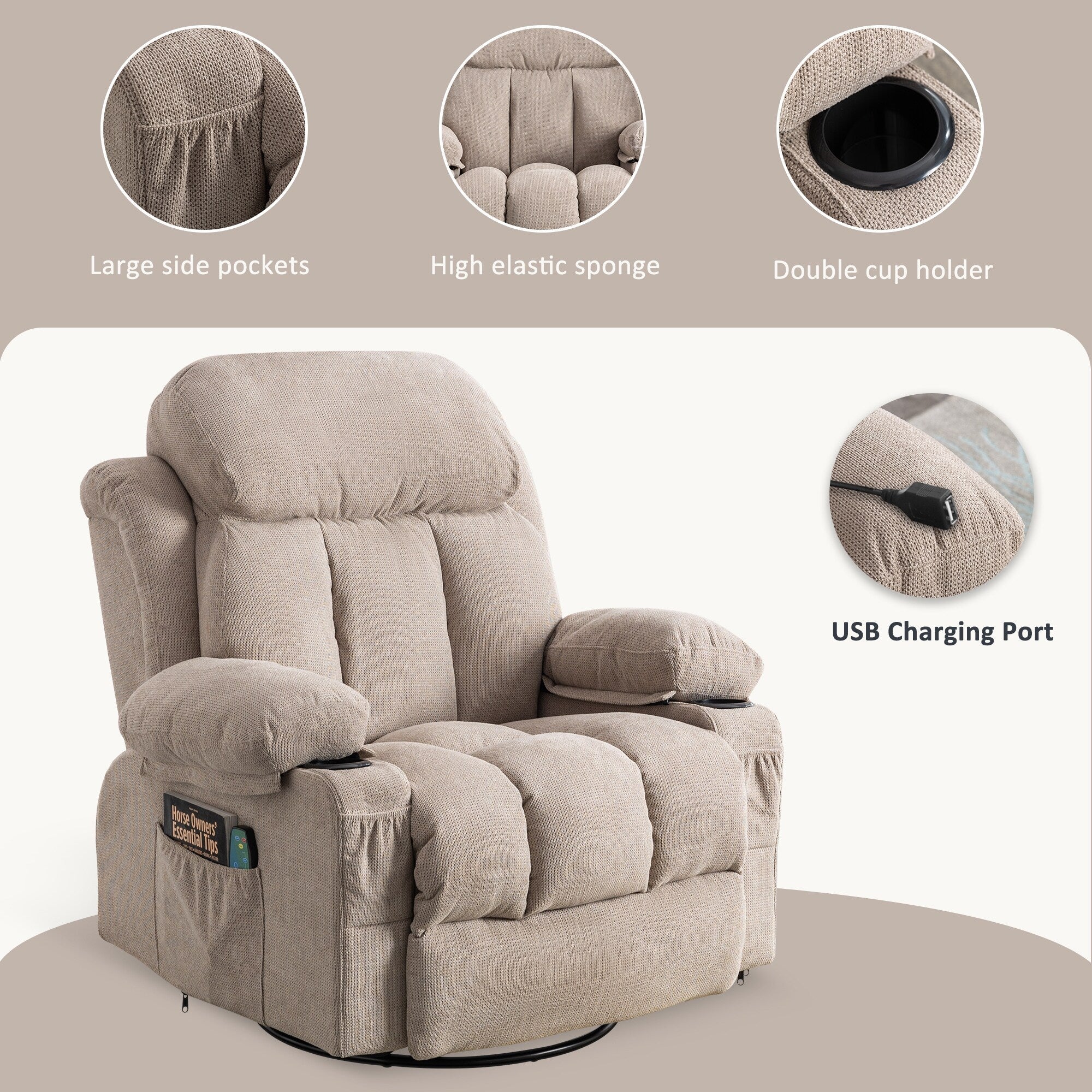360¡ã Swivel Recliner Chair with Massage, Heat, USB, and Cup Holders