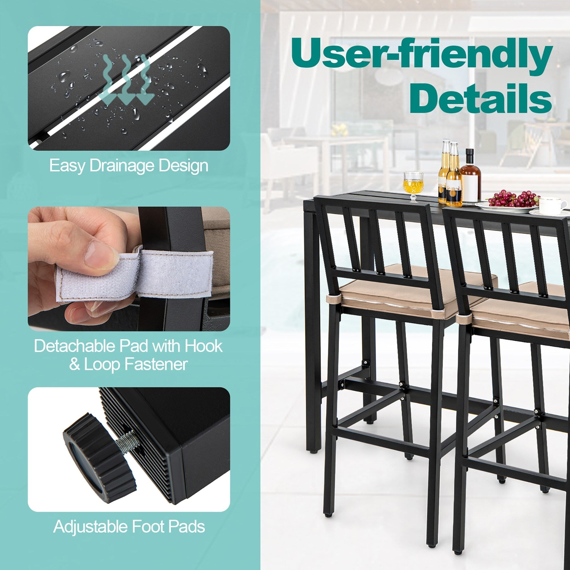 3PCS Patio Dining Table Set Metal Bar Table &amp; Chairs Set with Cushion