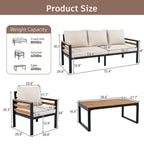 4-Piece Outdoor Sofa Set for 5 People with Removable Cushion &amp; Solid Wood Coffee Table