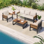 4-Piece Outdoor Sofa Set for 5 People with Removable Cushion &amp; Solid Wood Coffee Table