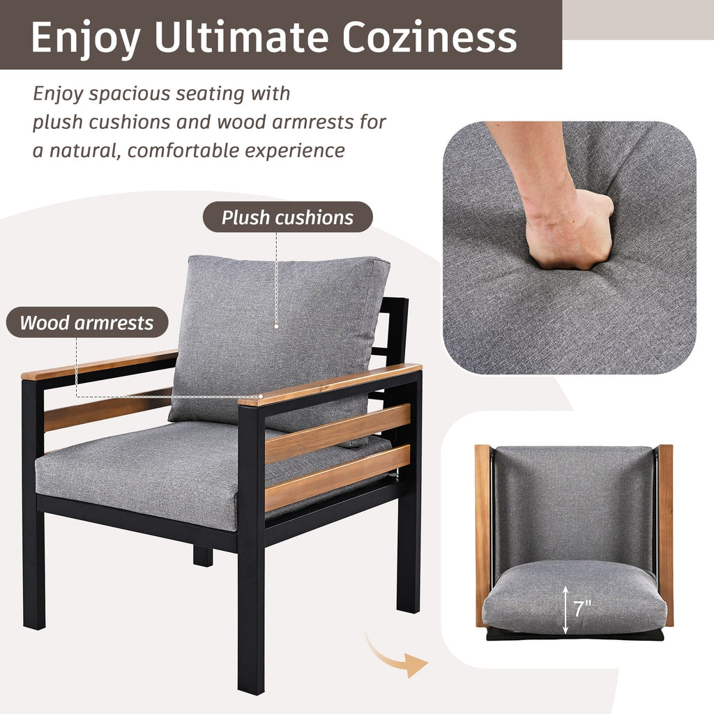 4-Piece Outdoor Sofa Set for 5 People with Removable Cushion &amp; Solid Wood Coffee Table