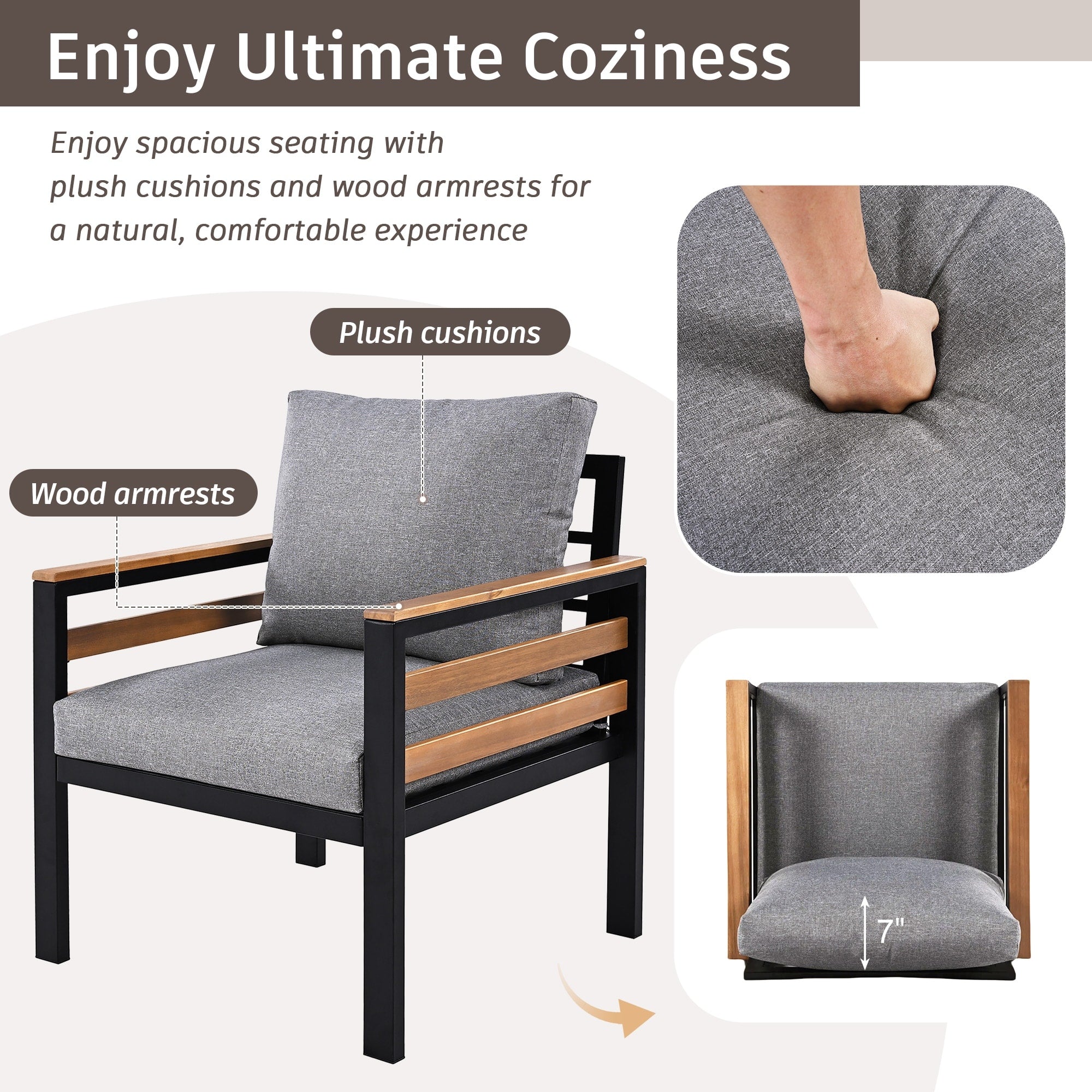 4-Piece Outdoor Sofa Set for 5 People with Removable Cushion &amp; Solid Wood Coffee Table