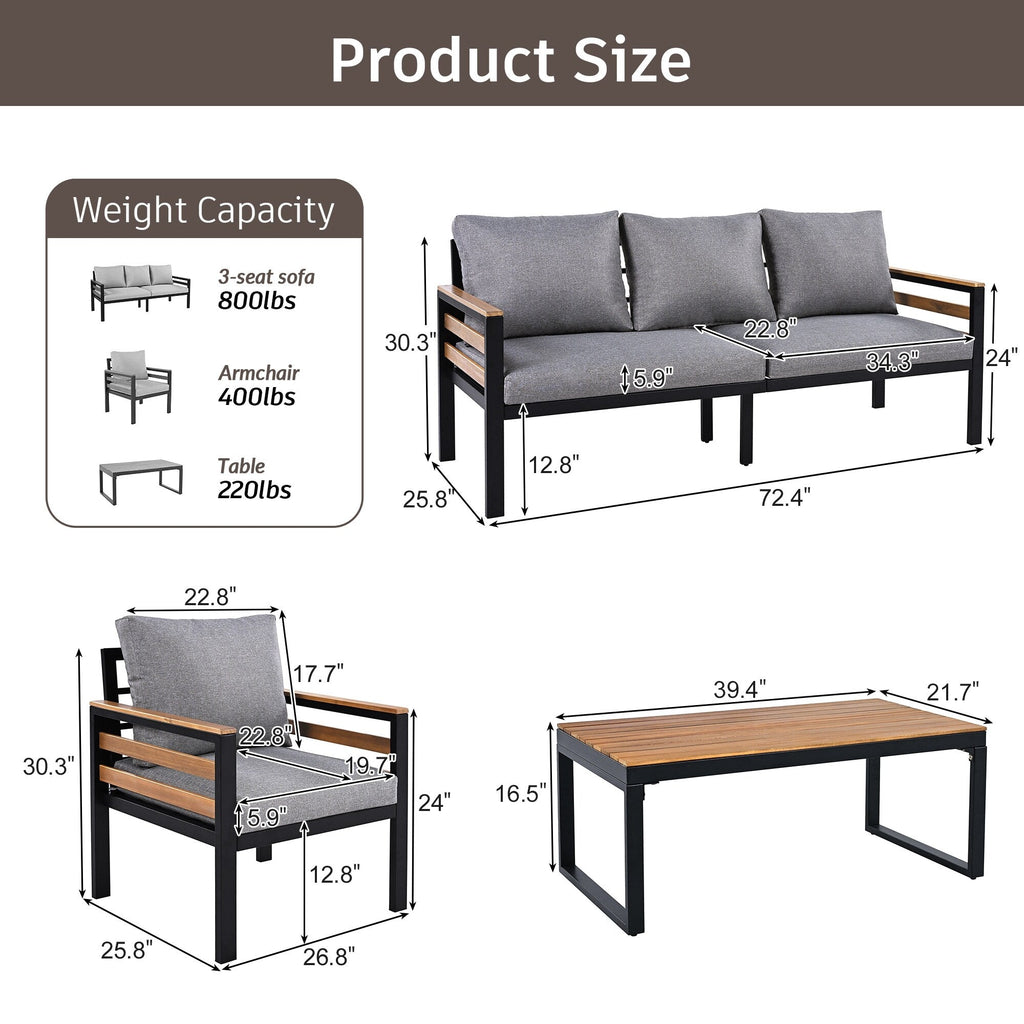 4-Piece Outdoor Sofa Set for 5 People with Removable Cushion &amp; Solid Wood Coffee Table