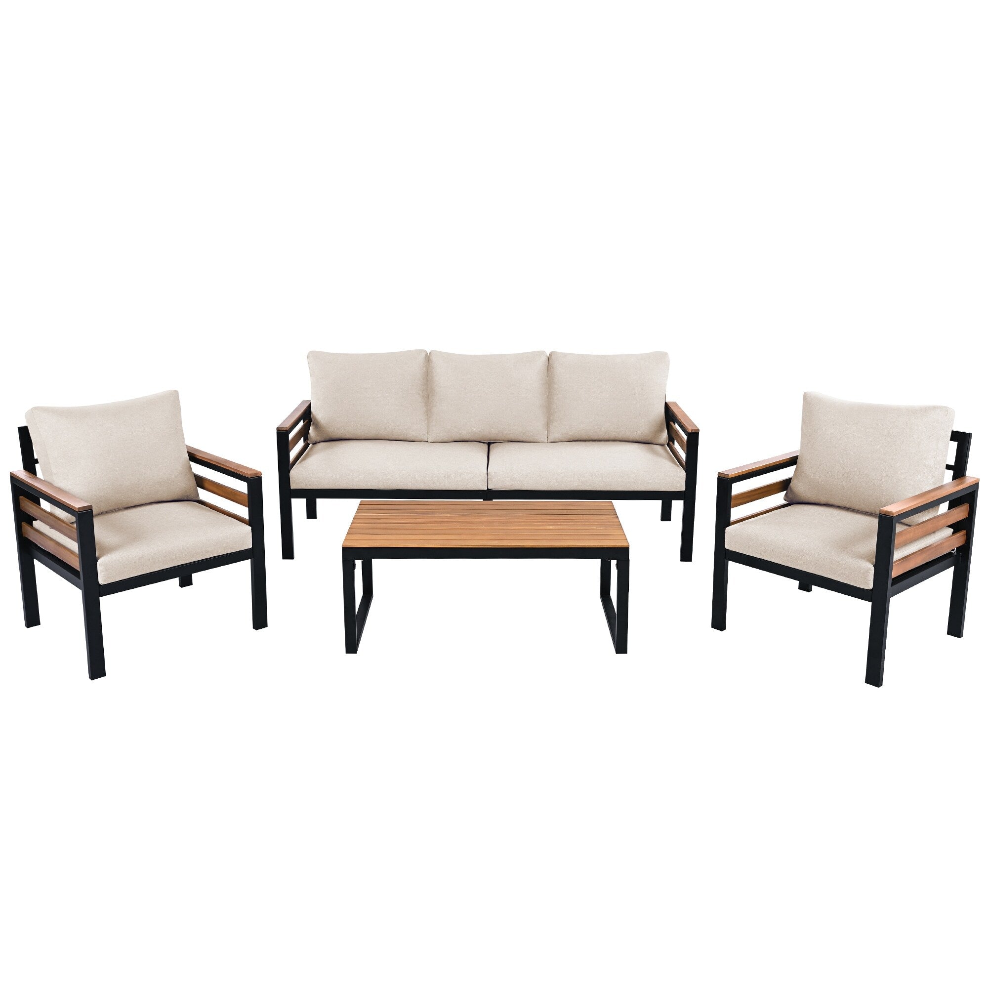 4-Piece Outdoor Sofa Set for 5 People with Removable Cushion &amp; Solid Wood Coffee Table