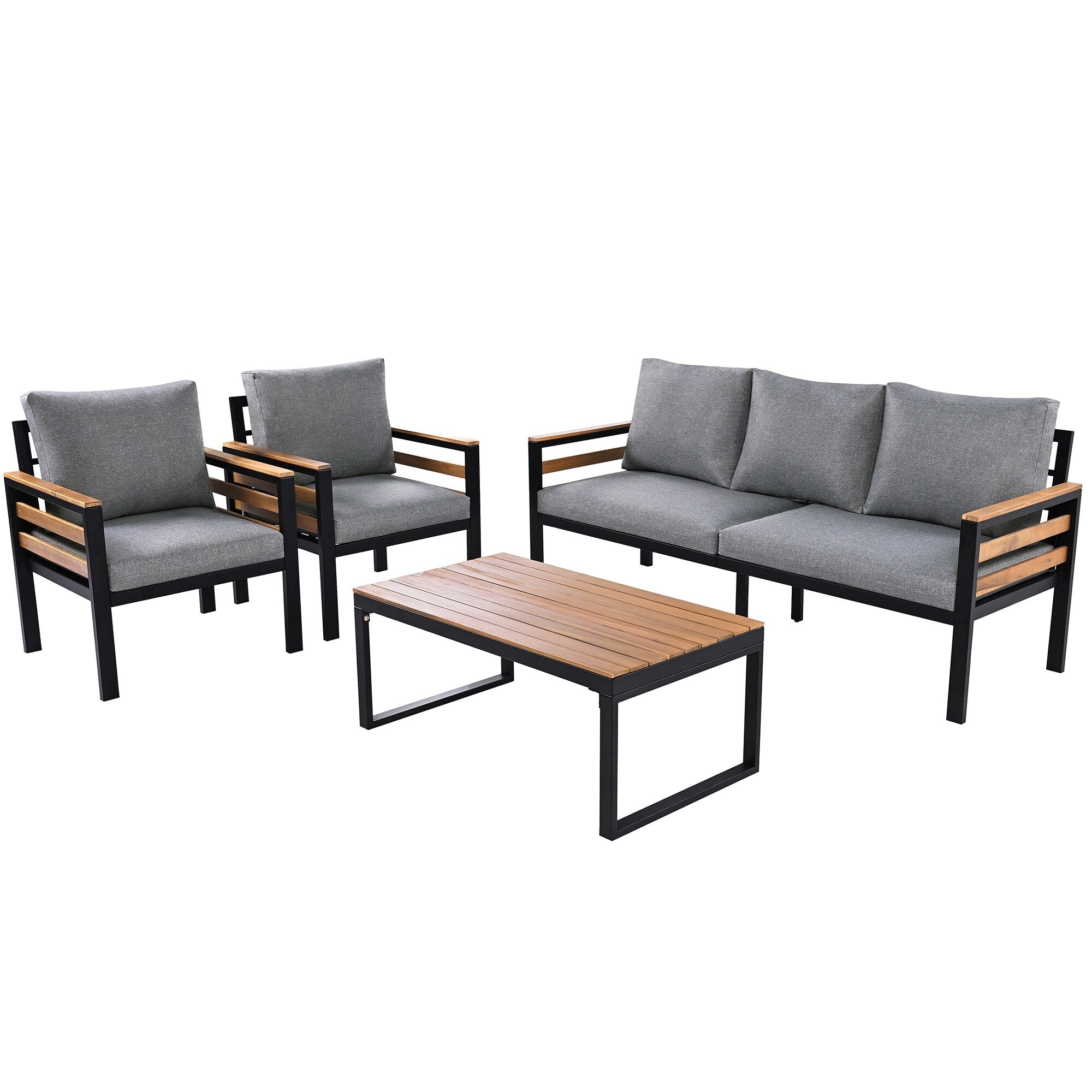 4-Piece Outdoor Sofa Set for 5 People with Removable Cushion &amp; Solid Wood Coffee Table
