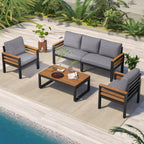 4-Piece Outdoor Sofa Set for 5 People with Removable Cushion &amp; Solid Wood Coffee Table