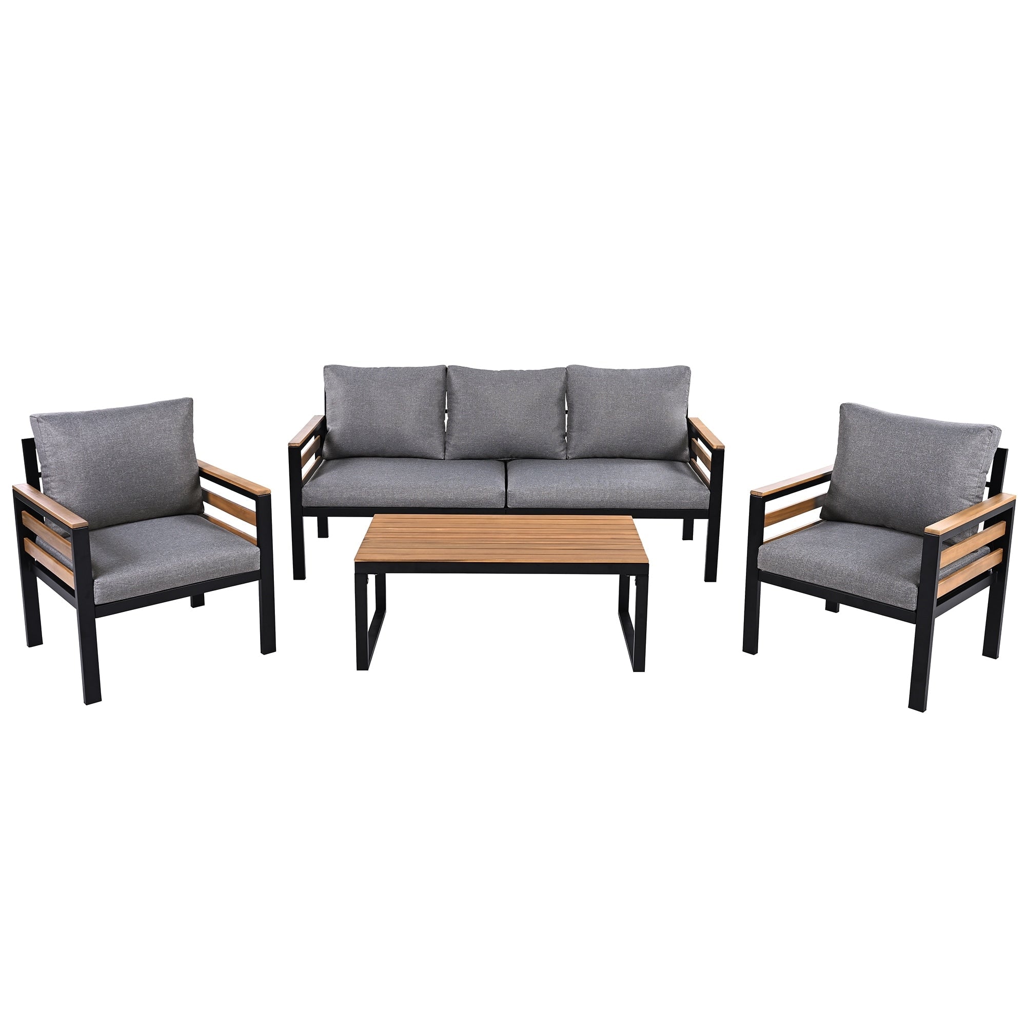 4-Piece Outdoor Sofa Set for 5 People with Removable Cushion &amp; Solid Wood Coffee Table