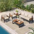 4-Piece Outdoor Sofa Set for 5 People with Removable Cushion &amp; Solid Wood Coffee Table