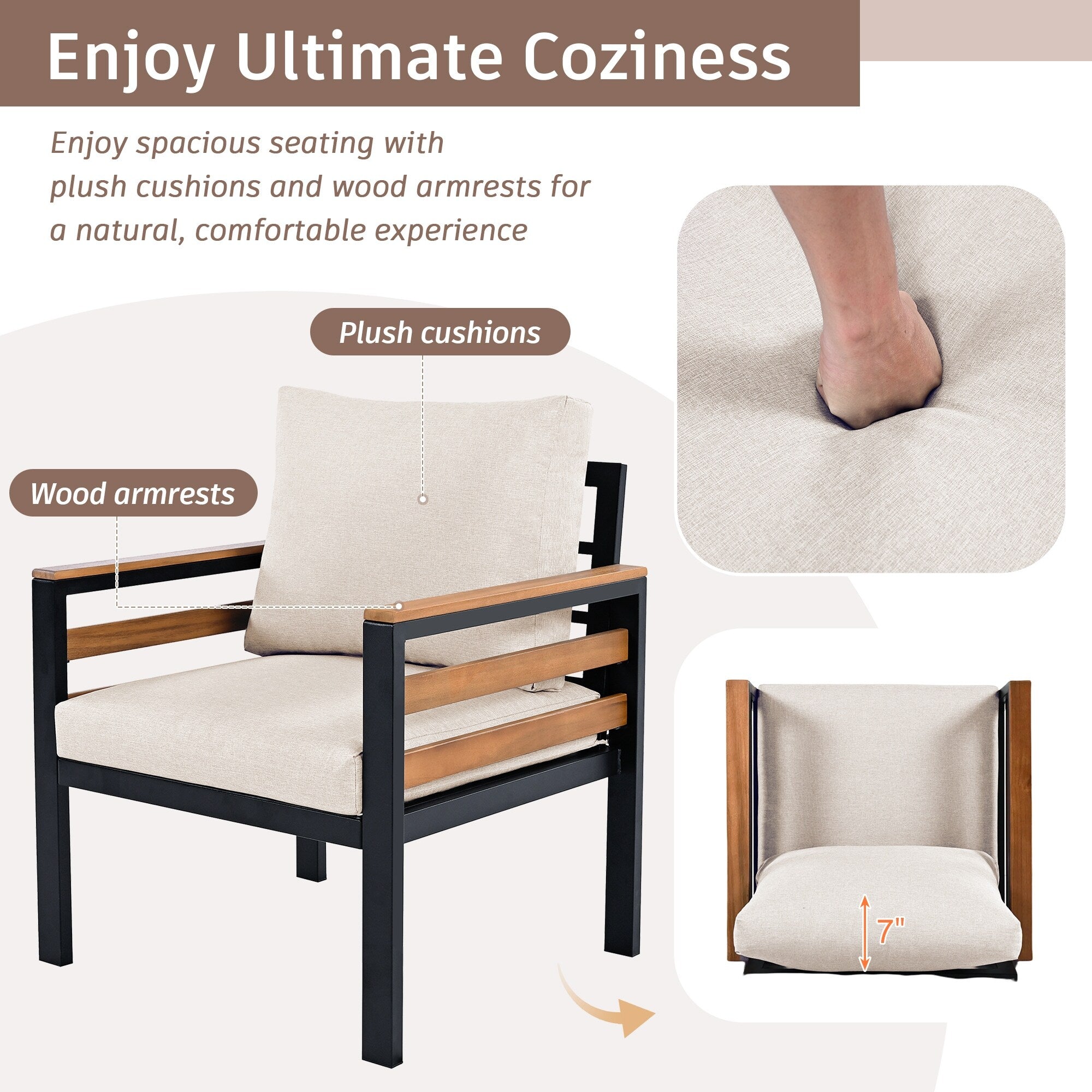 4-Piece Outdoor Sofa Set for 5 People with Removable Cushion &amp; Solid Wood Coffee Table