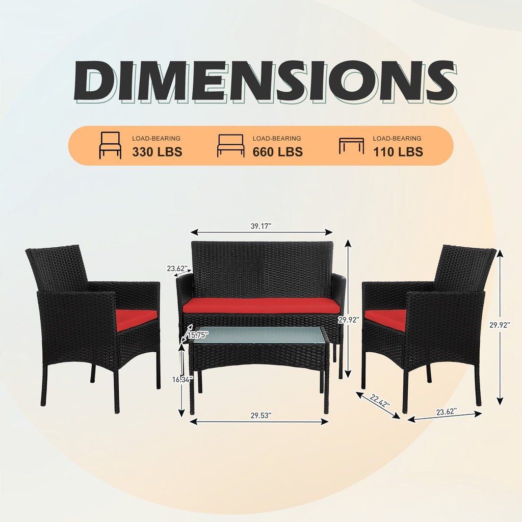 4 Piece Patio Conversation Wicker Furniture Set, Outdoor Rattan Sectional Furniture Set With Cushions