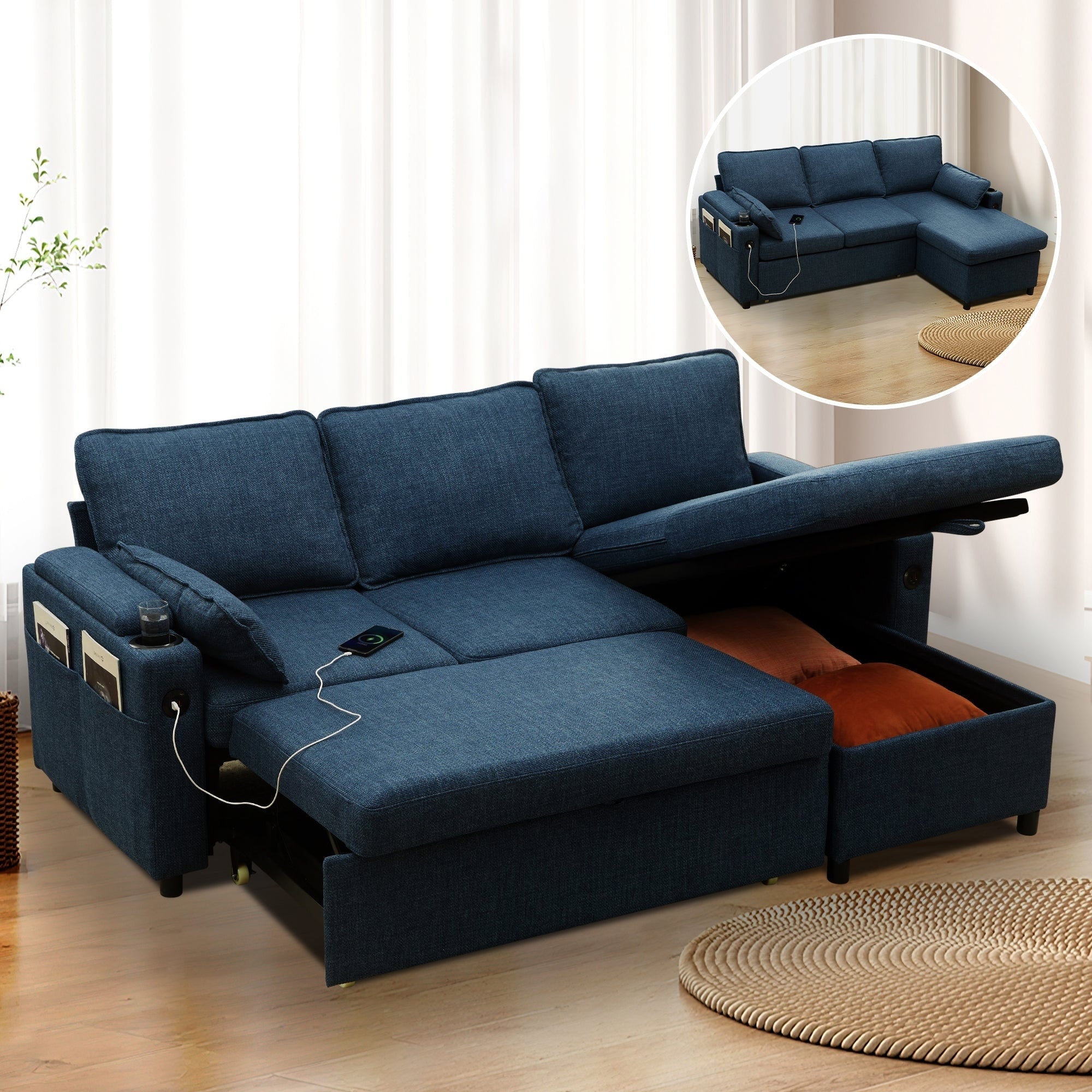 80 L-Shaped Sofa Couch Bed, Sofa Sleeper with Pull Out Bed, Reversible Sleeper Sofa Bed