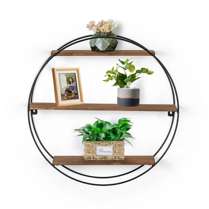 ADECO Wall Shelf Round Floating Shelves Sturdy Wood Metal Stand Decor