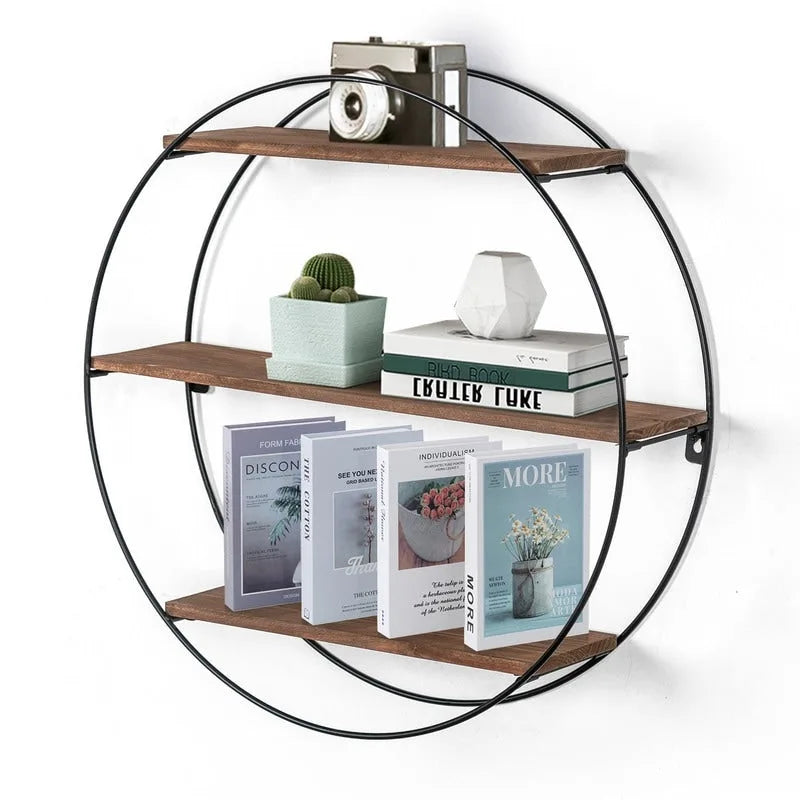 ADECO Wall Shelf Round Floating Shelves Sturdy Wood Metal Stand Decor