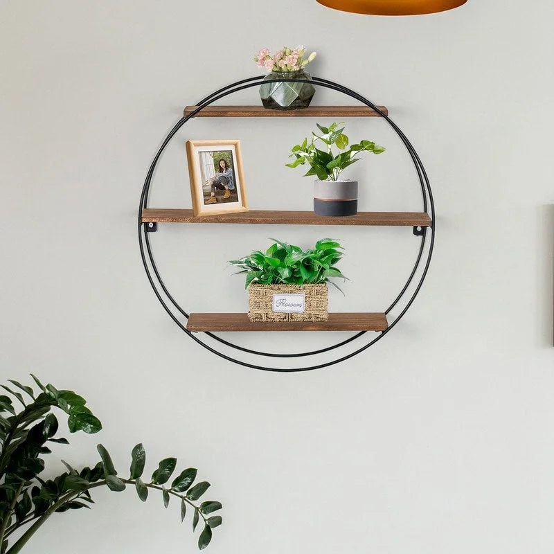 ADECO Wall Shelf Round Floating Shelves Sturdy Wood Metal Stand Decor