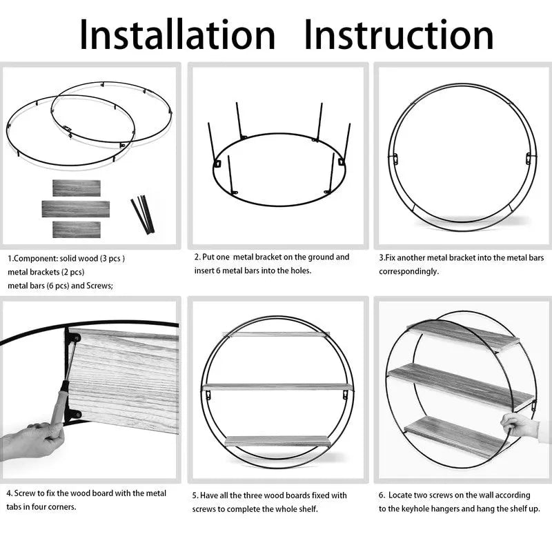 ADECO Wall Shelf Round Floating Shelves Sturdy Wood Metal Stand Decor