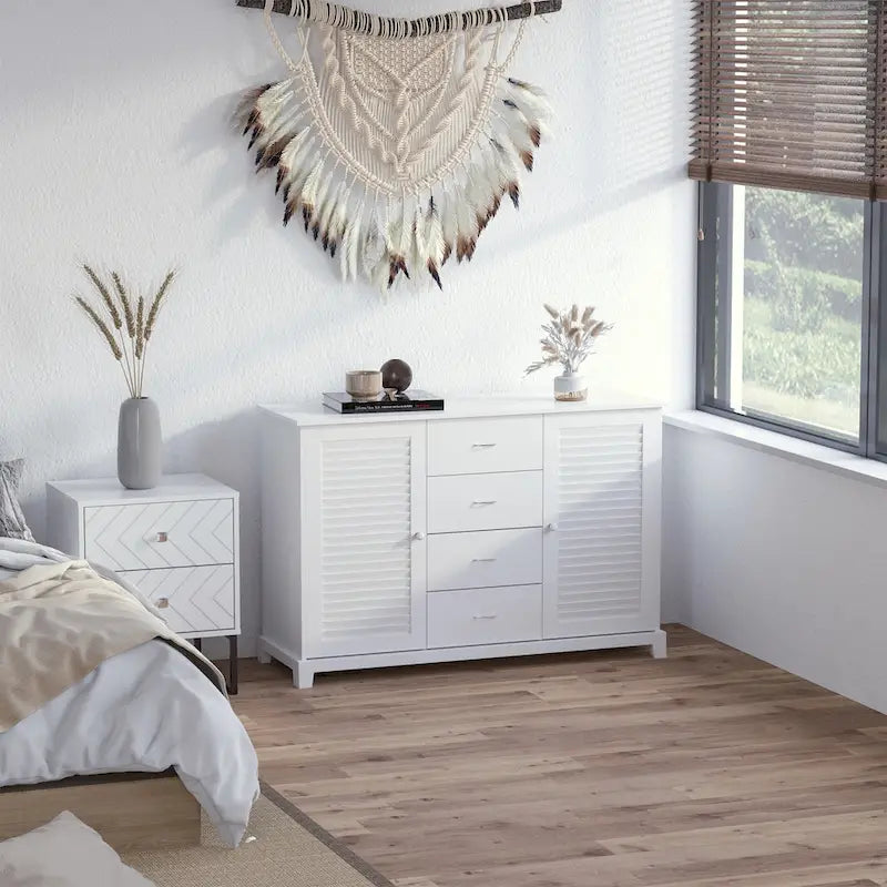HOMCOM 47  Modern Storage Cabinet Buffet Sideboard with Drawers and Louvered Doors- White - 47.25  W x 15.75  D x 31.5  H