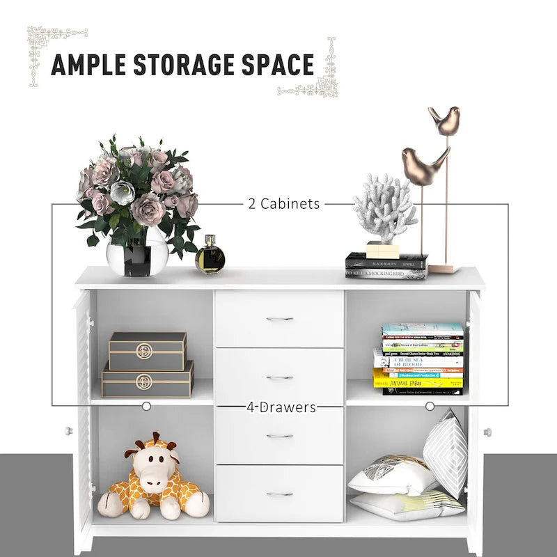 HOMCOM 47  Modern Storage Cabinet Buffet Sideboard with Drawers and Louvered Doors- White - 47.25  W x 15.75  D x 31.5  H