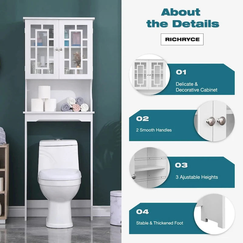 EROMMY Over-The-Toilet Storage, Wooden Bathroom Organizer, with 2 Glass Doors & Adjustable Shelf for Bathroom