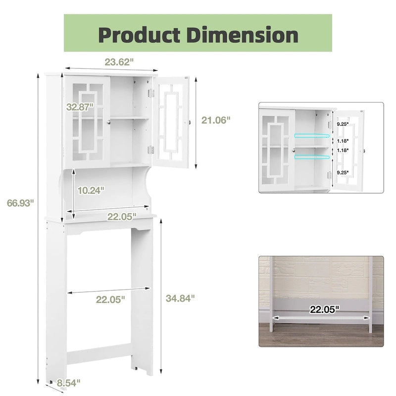 EROMMY Over-The-Toilet Storage, Wooden Bathroom Organizer, with 2 Glass Doors & Adjustable Shelf for Bathroom