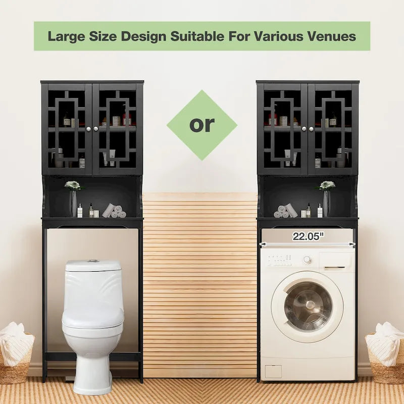 EROMMY Over-The-Toilet Storage, Wooden Bathroom Organizer, with 2 Glass Doors & Adjustable Shelf for Bathroom