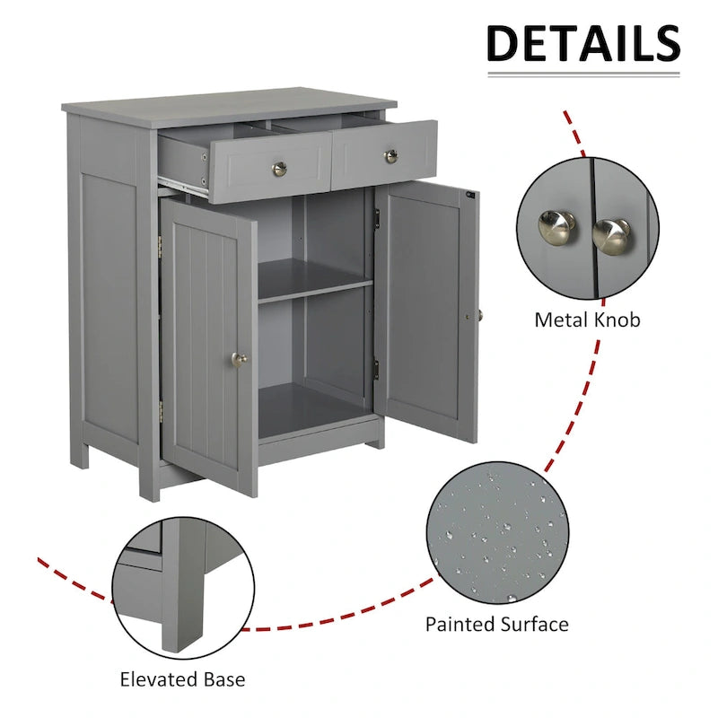 kleankin Freestanding Bathroom Storage Cabinet Organizer Floor Tower with 2 Door, 2 Drawers, Adjustable Shelf, Grey