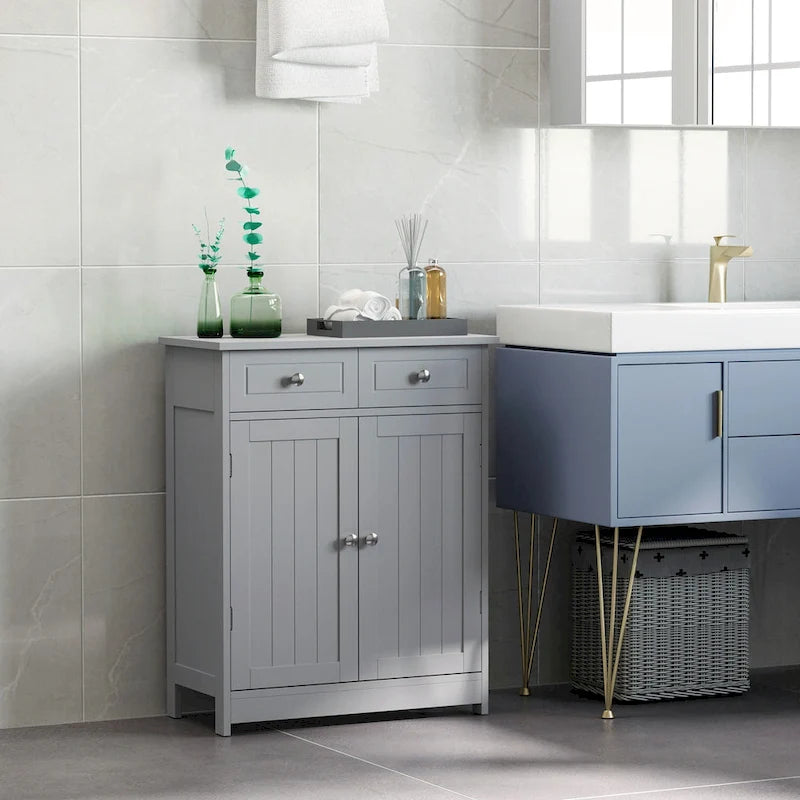 kleankin Freestanding Bathroom Storage Cabinet Organizer Floor Tower with 2 Door, 2 Drawers, Adjustable Shelf, Grey