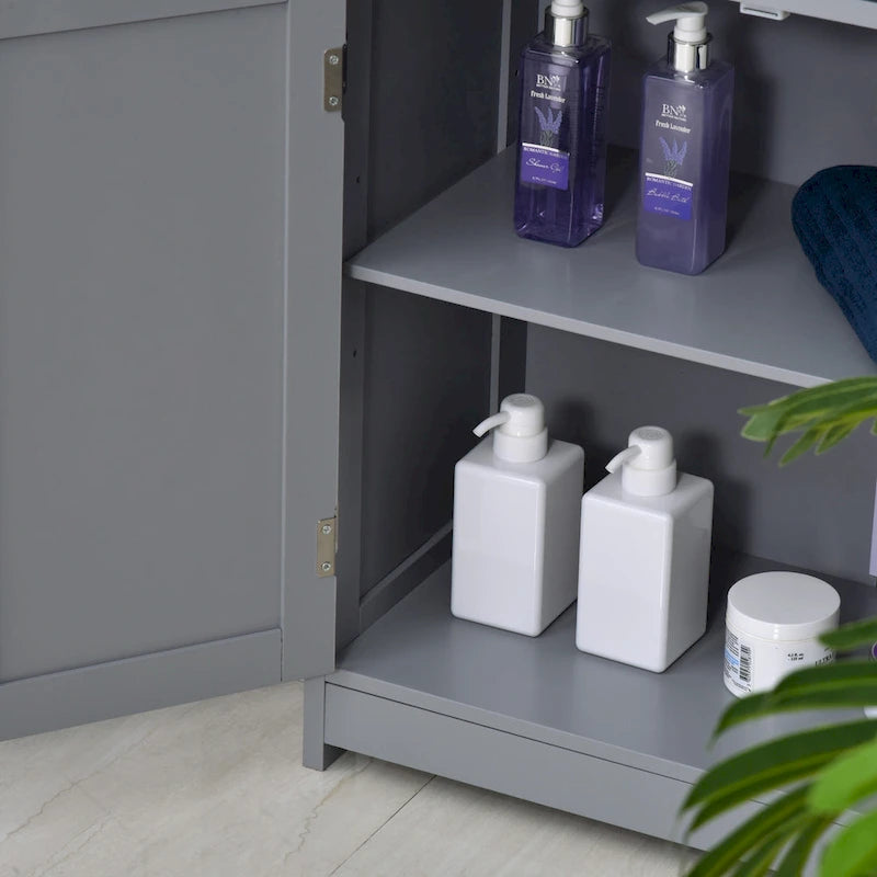 kleankin Freestanding Bathroom Storage Cabinet Organizer Floor Tower with 2 Door, 2 Drawers, Adjustable Shelf, Grey