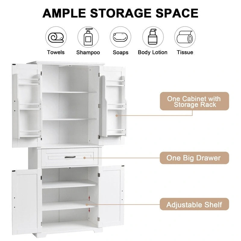Bathroom Floor Cabinet, Freestanding Storage Cabinet with Doors and Drawer, Kitchen Cupboard with Adjustable Shelf