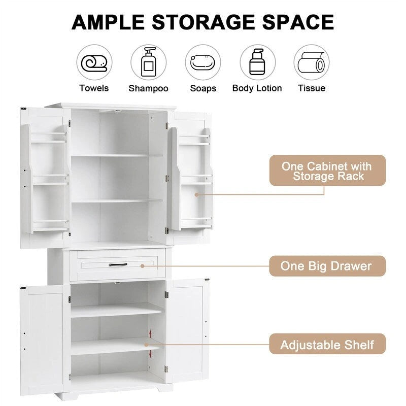 Bathroom Floor Cabinet, Freestanding Storage Cabinet with Doors and Drawer, Kitchen Cupboard with Adjustable Shelf