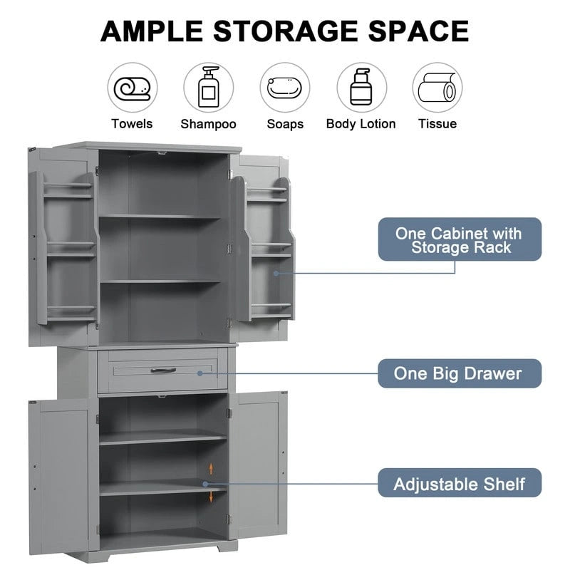 Bathroom Floor Cabinet, Freestanding Storage Cabinet with Doors and Drawer, Kitchen Cupboard with Adjustable Shelf