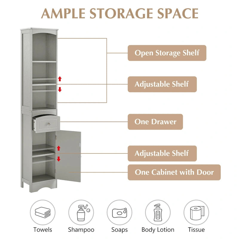 66  H Tall Bathroom Storage Cabinet with Drawer & Adjustable Shelves
