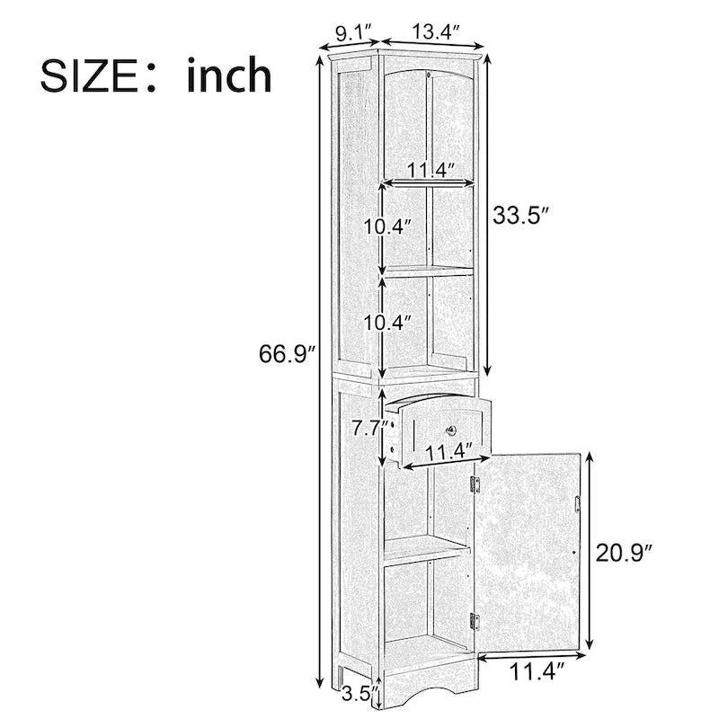 66  H Tall Bathroom Storage Cabinet with Drawer & Adjustable Shelves