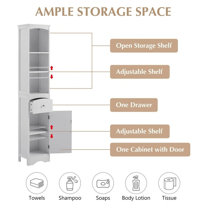 66  H Tall Bathroom Storage Cabinet with Drawer & Adjustable Shelves