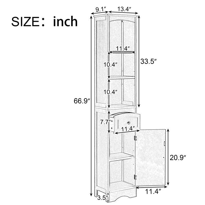 66  H Tall Bathroom Storage Cabinet with Drawer & Adjustable Shelves