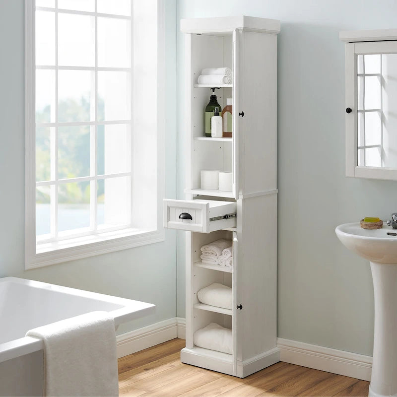 Crosley Seaside Tall Linen Cabinet Distressed White