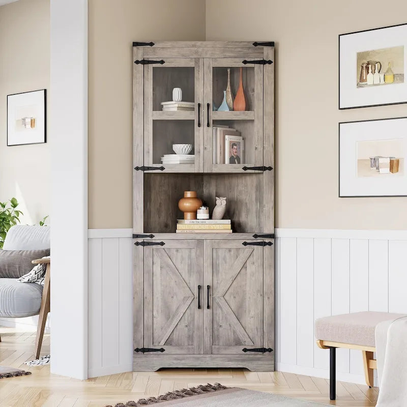 Farmhouse Corner Cabinet, Tall Corner Storage Cabinet with Barn Door & Adjustable Shelves