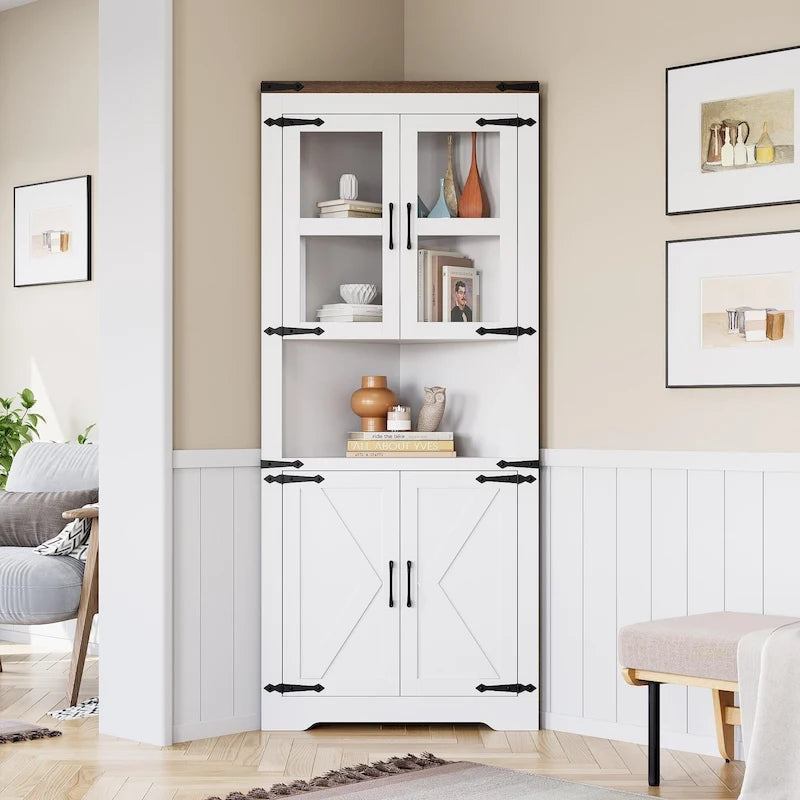 Farmhouse Corner Cabinet, Tall Corner Storage Cabinet with Barn Door & Adjustable Shelves