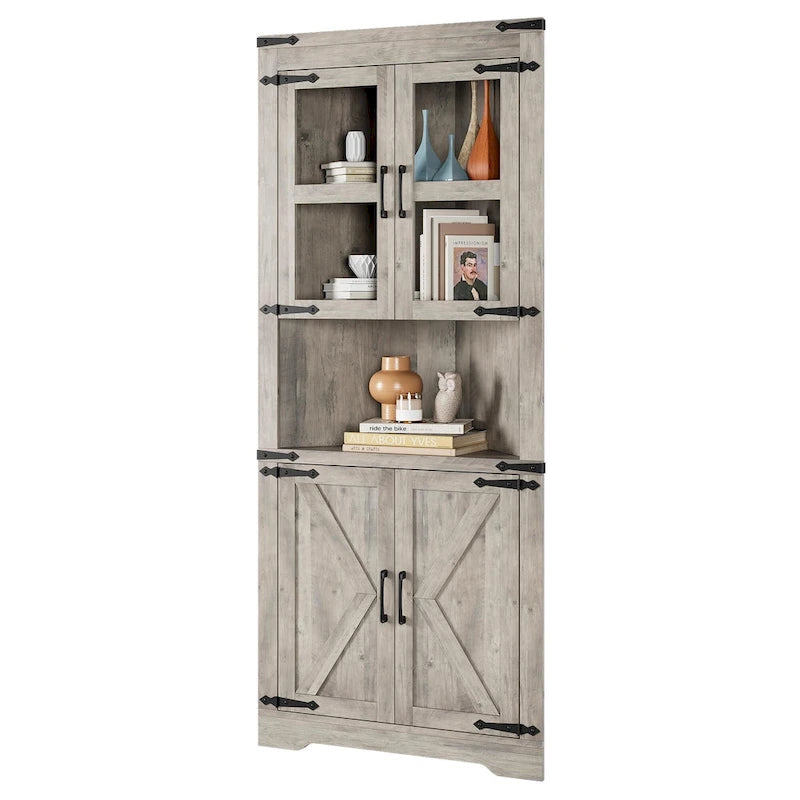 Farmhouse Corner Cabinet, Tall Corner Storage Cabinet with Barn Door & Adjustable Shelves
