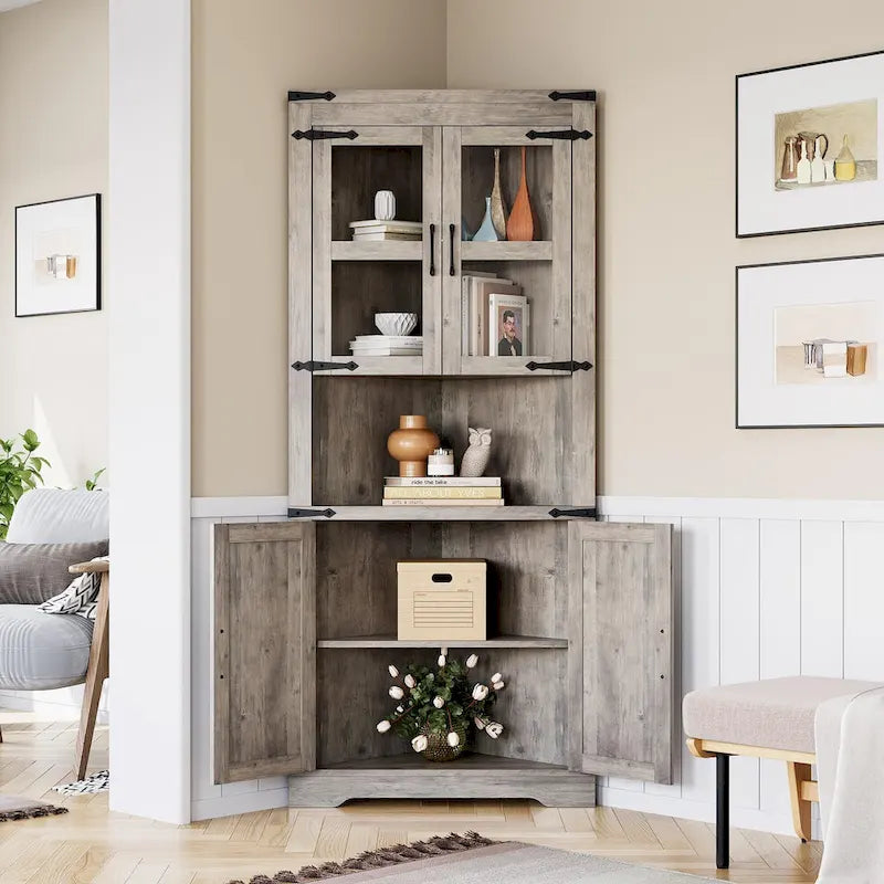 Farmhouse Corner Cabinet, Tall Corner Storage Cabinet with Barn Door & Adjustable Shelves