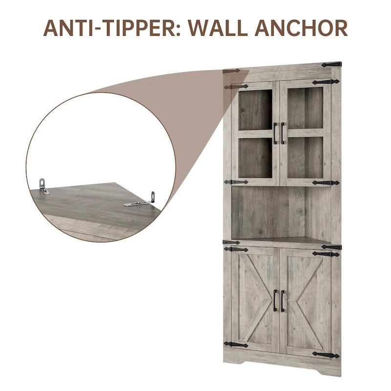 Farmhouse Corner Cabinet, Tall Corner Storage Cabinet with Barn Door & Adjustable Shelves