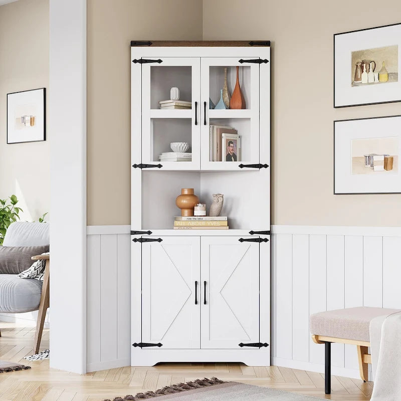 Farmhouse Corner Cabinet, Tall Corner Storage Cabinet with Barn Door & Adjustable Shelves