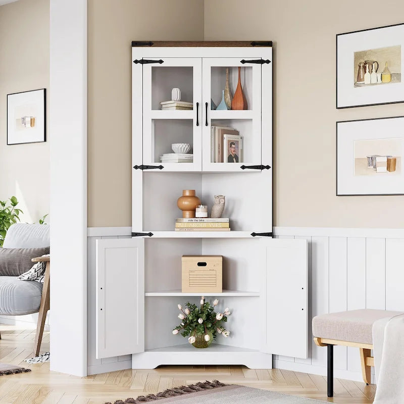 Farmhouse Corner Cabinet, Tall Corner Storage Cabinet with Barn Door & Adjustable Shelves