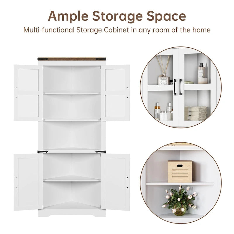 Farmhouse Corner Cabinet, Tall Corner Storage Cabinet with Barn Door & Adjustable Shelves