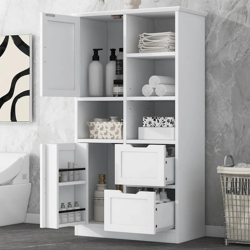 31 in. W x 16 in. D x 62 in. H White Linen Cabinet with Open Shelves and Drawers