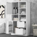 31 in. W x 16 in. D x 62 in. H White Linen Cabinet with Open Shelves and Drawers