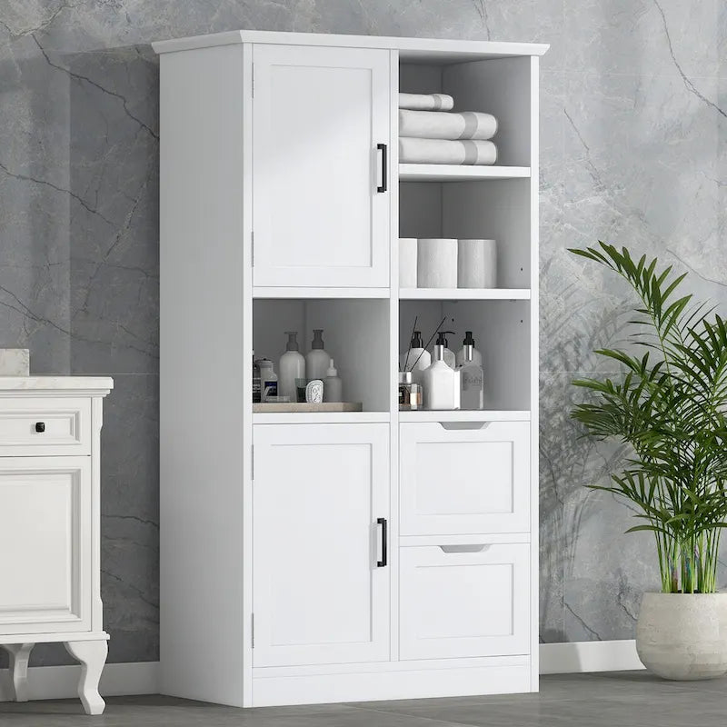 31 in. W x 16 in. D x 62 in. H White Linen Cabinet with Open Shelves and Drawers