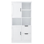 31 in. W x 16 in. D x 62 in. H White Linen Cabinet with Open Shelves and Drawers